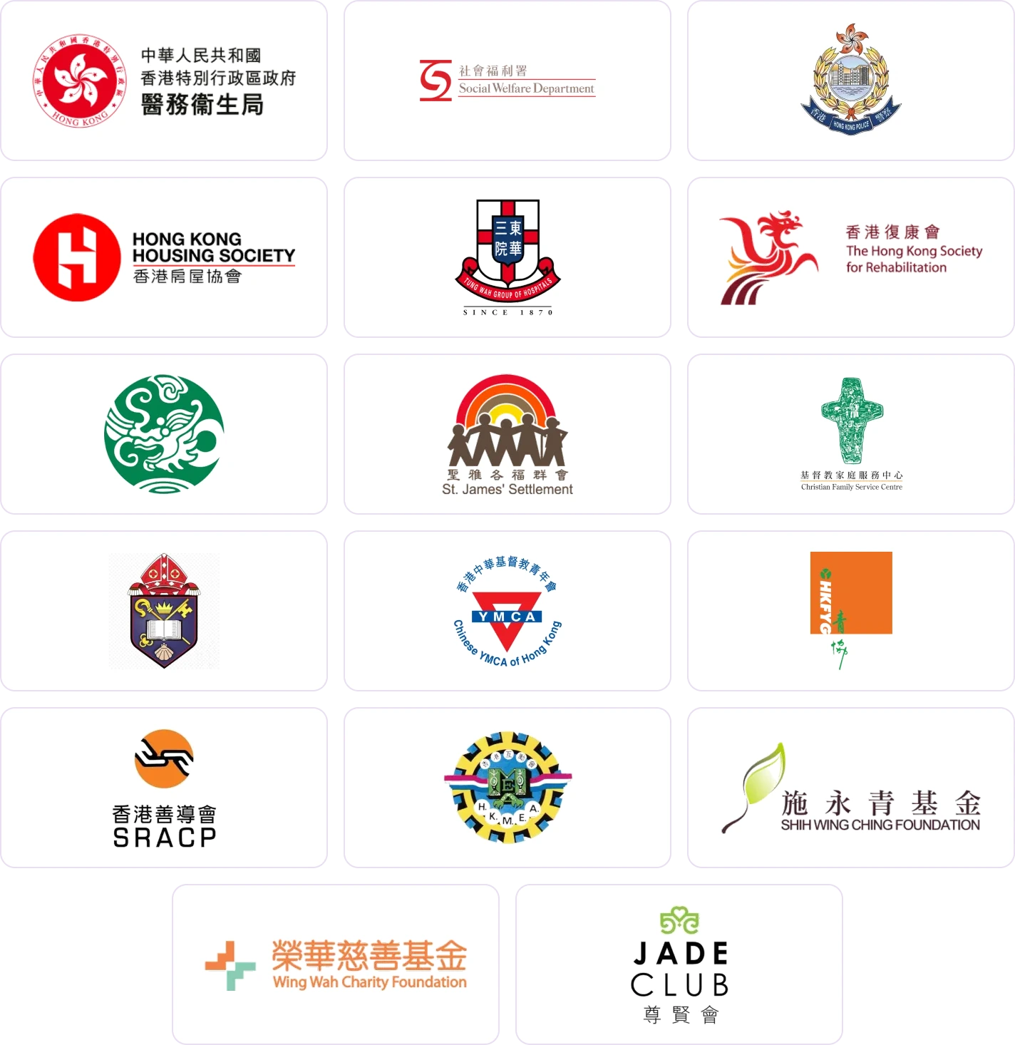 合作機構及單位：醫務衞生局、社會福利署、香港警務處、香港房屋協會、東華三院、香港復康會、香港耆康老人福利會、聖雅各福群會、基督教家庭服務中心、香港聖公會福利協會、香港中華基督教青年會、香港青年協會、香港善導會、香港互勵會、施永青基金、榮華慈善基金、尊賢會 JADE CLUB。